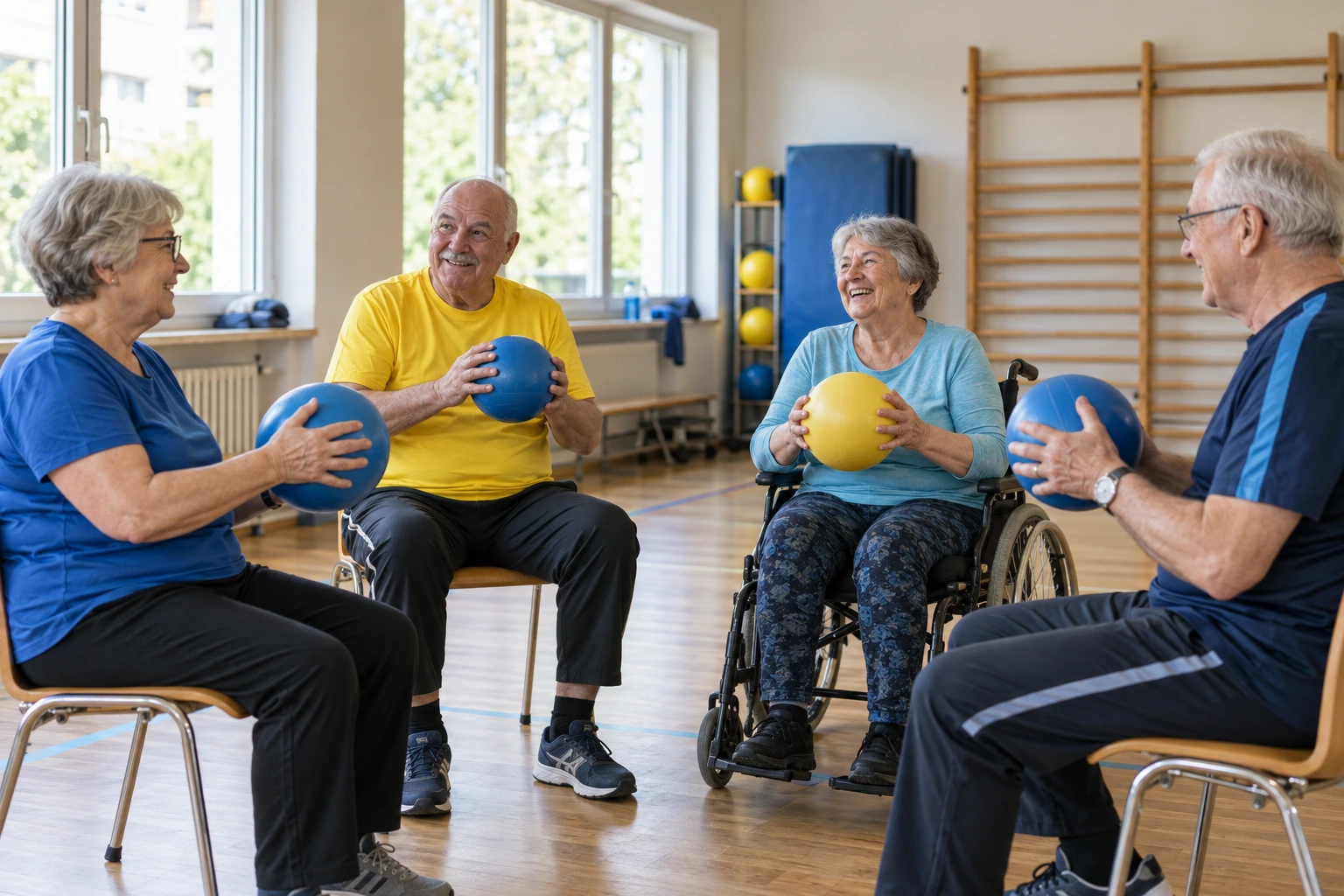 Ältere Menschen bewegen sich gemeinsam mit Gymnastikbällen, eine Teilnehmerin sitzt im Rollstuhl.