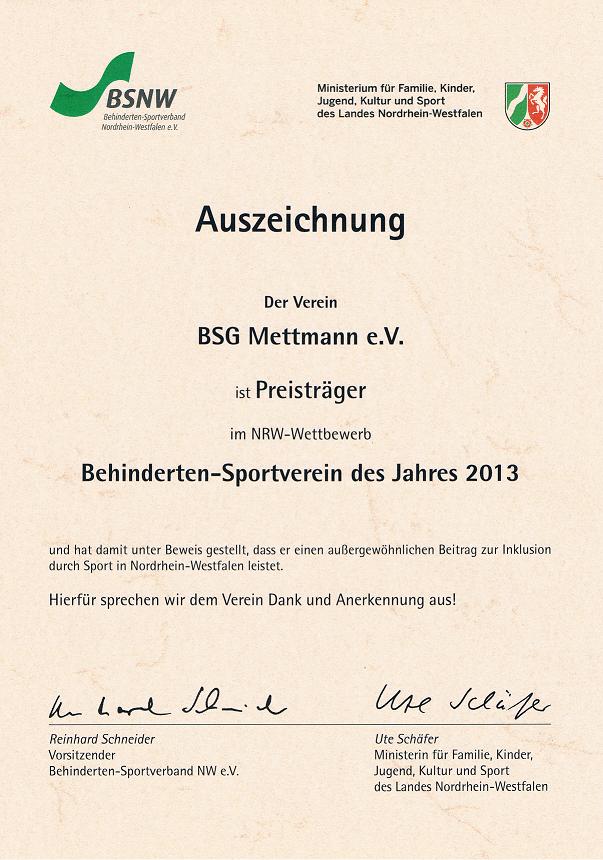 Auszeichnung Der Verein BSG Mettmann e.V. ist Preisträger im NRW - Wettbewerb Behinderten-Sportverein des Jahres 2013